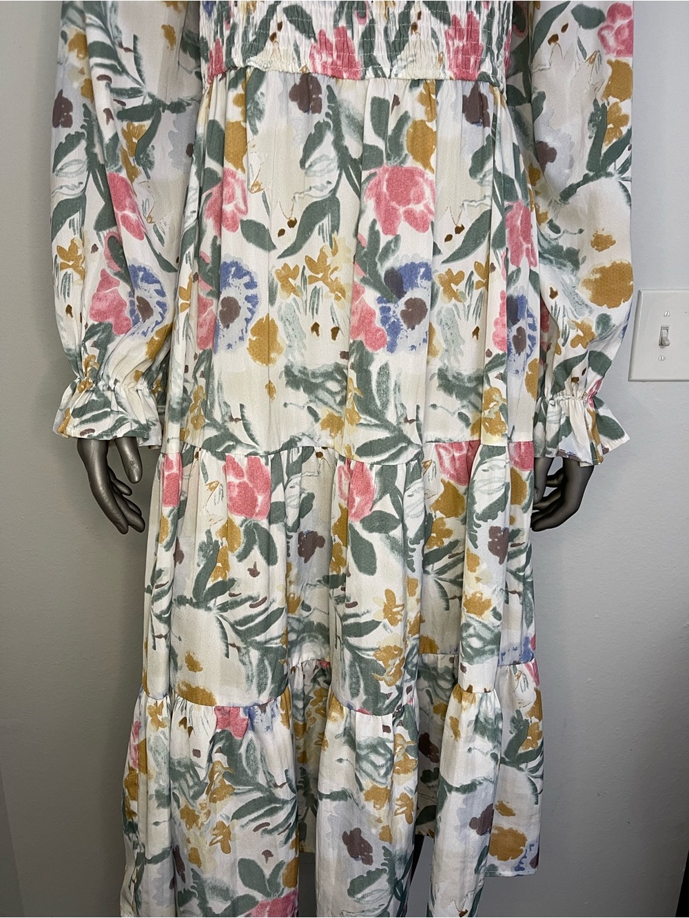 Simplee Plus Dress 3XL Smocked Midi Tiered Skirt Multi Floral Square Neck Bishop - Picture 6 of 10
